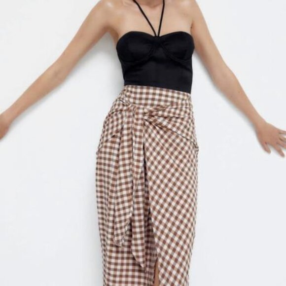 Zara Brown Gingham Wrap Skirt - Picture 1 of 4